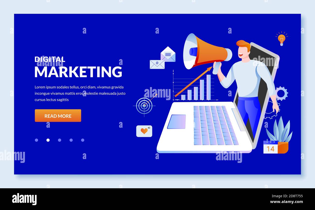 Marketing digitale e SEO business Technology Concept. Illustrazione vettoriale. Gestione di siti web e strategia di pubblicità sui social media. Pagina di destinazione Web Illustrazione Vettoriale