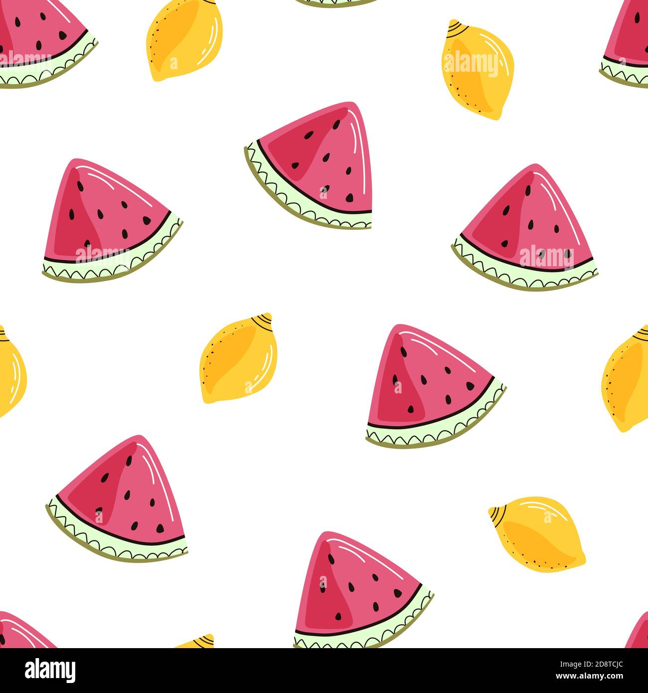 Cocomero con vettore di limone motivo senza cuciture sullo sfondo chiaro. Illustrazione della frutta con fetta di anguria e agrumi. Clipart piatta. Illustrazione Vettoriale