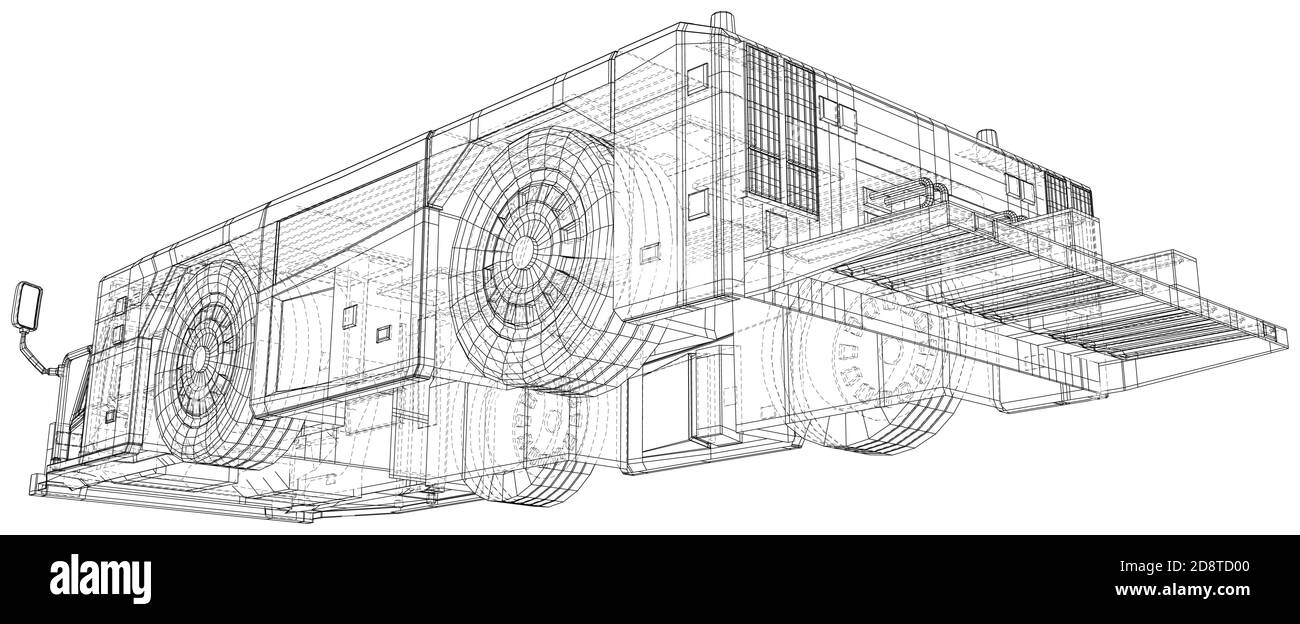 Carrello di traino. Telaio a filo. Veicolo di traino Vector Illustrazione trasporto in aeroporto. I livelli delle linee visibili e invisibili sono separati. Formato EPS10 Illustrazione Vettoriale