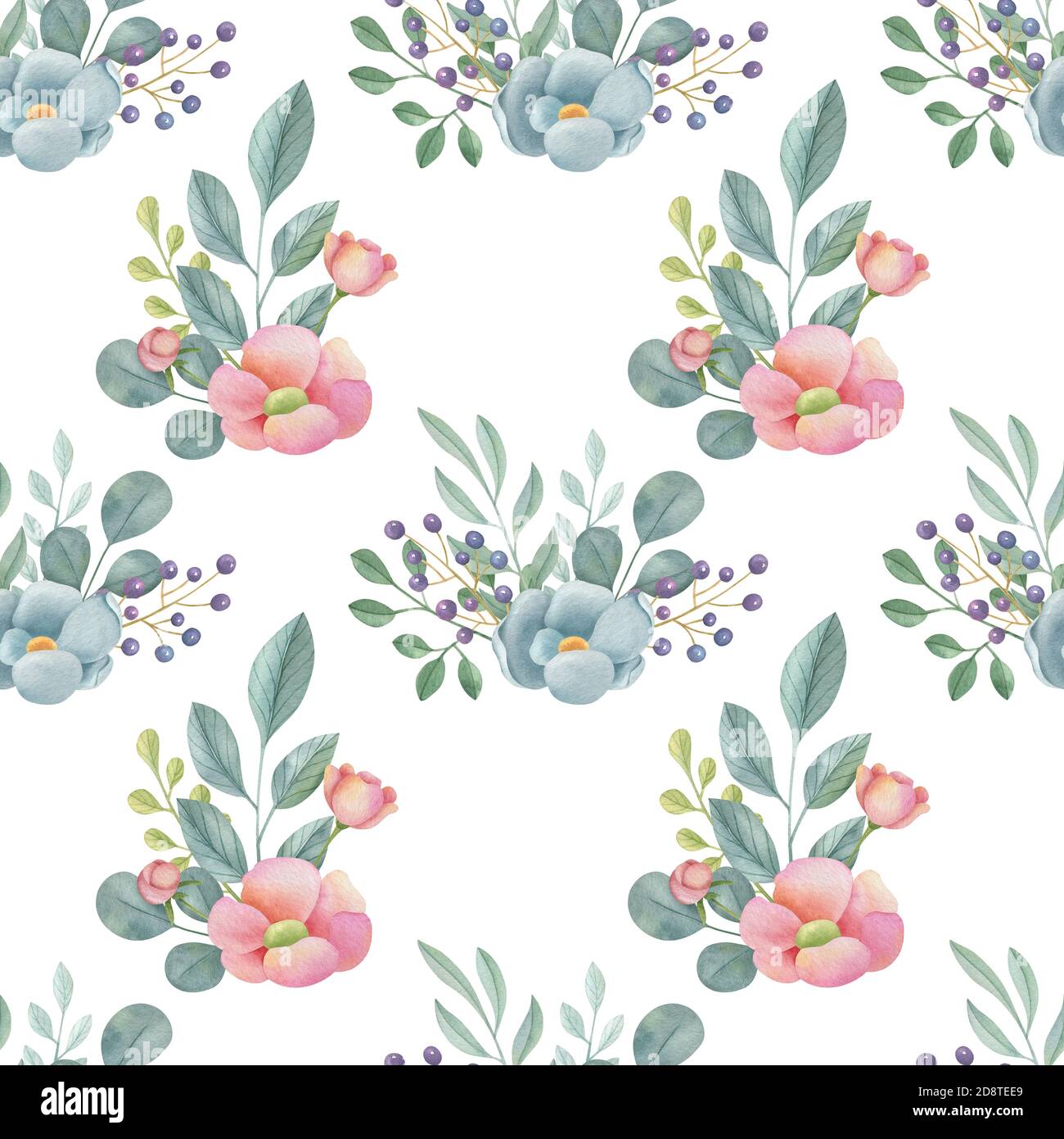 Motivo floreale senza cuciture acquerello su sfondo chiaro. Illustrazione dipinta a mano con fiori, foglie e gemme eleganti. Foto Stock