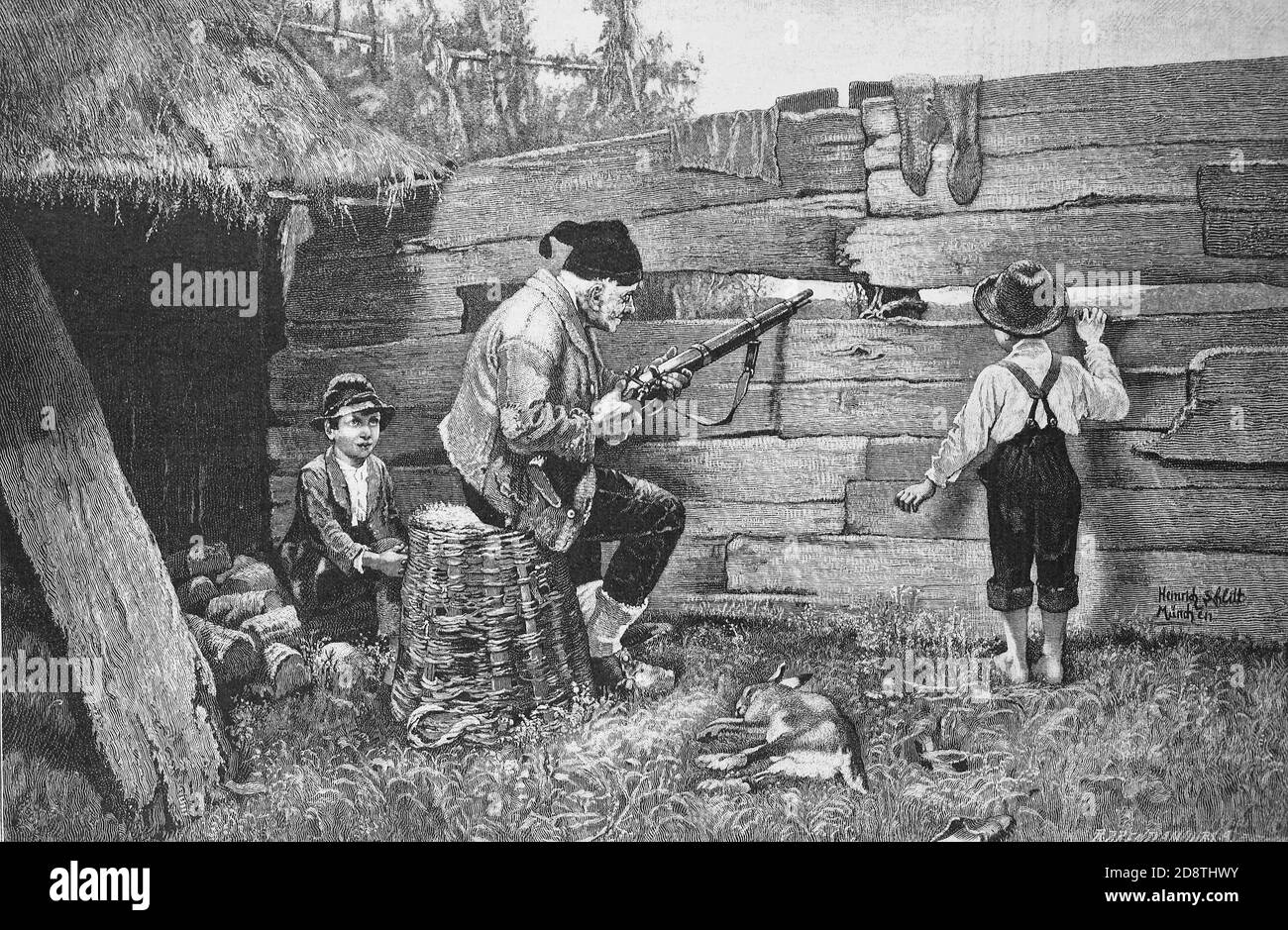 Il vecchio poacher, vecchio con fucile attende in nascondersi per il gioco, lepre cacciato, due ragazzi sono curiosi / Der alte Wilderer, alter Mann mit Gewehr wartet im Versteck auf Wild, erlegter Hase, zwei Jungen sind neugierig dabei, Historisch, storico, Riproduzione digitale migliorata di un originale del 19 ° secolo / digitale Reproduktion einer Originalvollage aus dem 19. Jahrhundert Foto Stock
