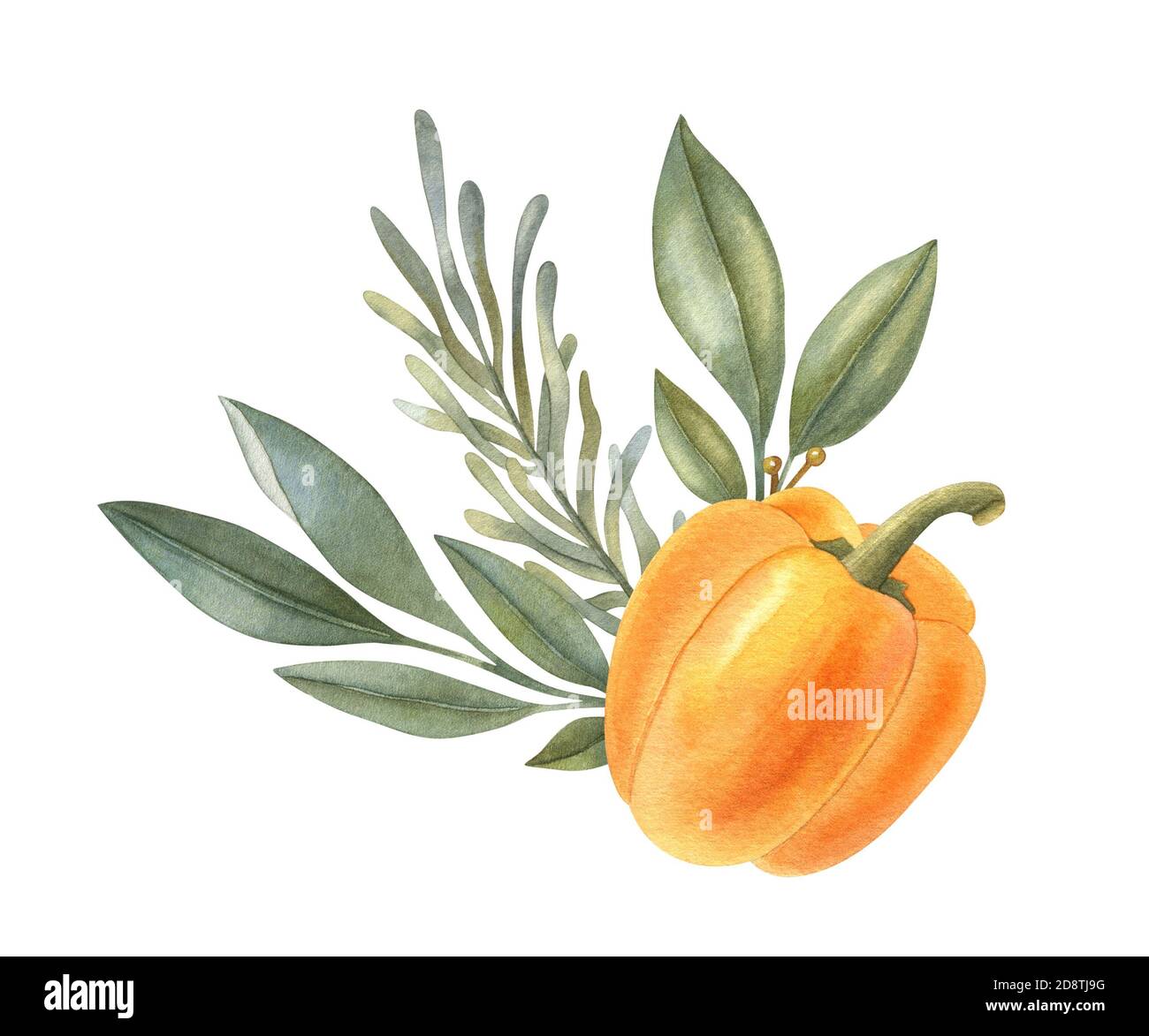 Composizione vegetale acquerello con erbe e peperone giallo. Un'illustrazione luminosa di cibo fresco sano. Ideale per biglietti di auguri, inviti. Foto Stock