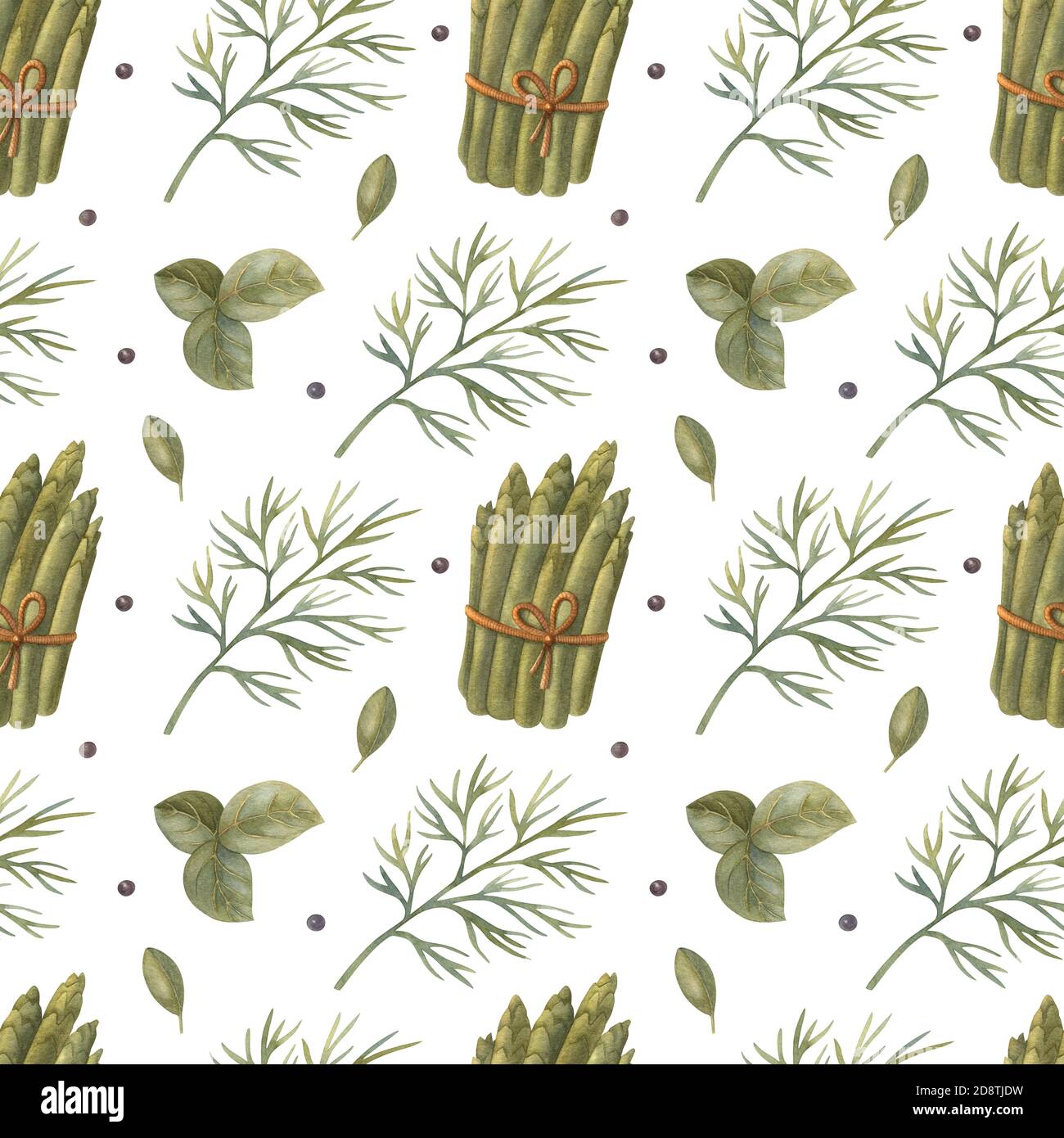 Motivo senza cuciture acquerello con aneto, basilico, asparagi e pepe nero su sfondo chiaro. Cartoon luminoso dipinto a mano. Foto Stock