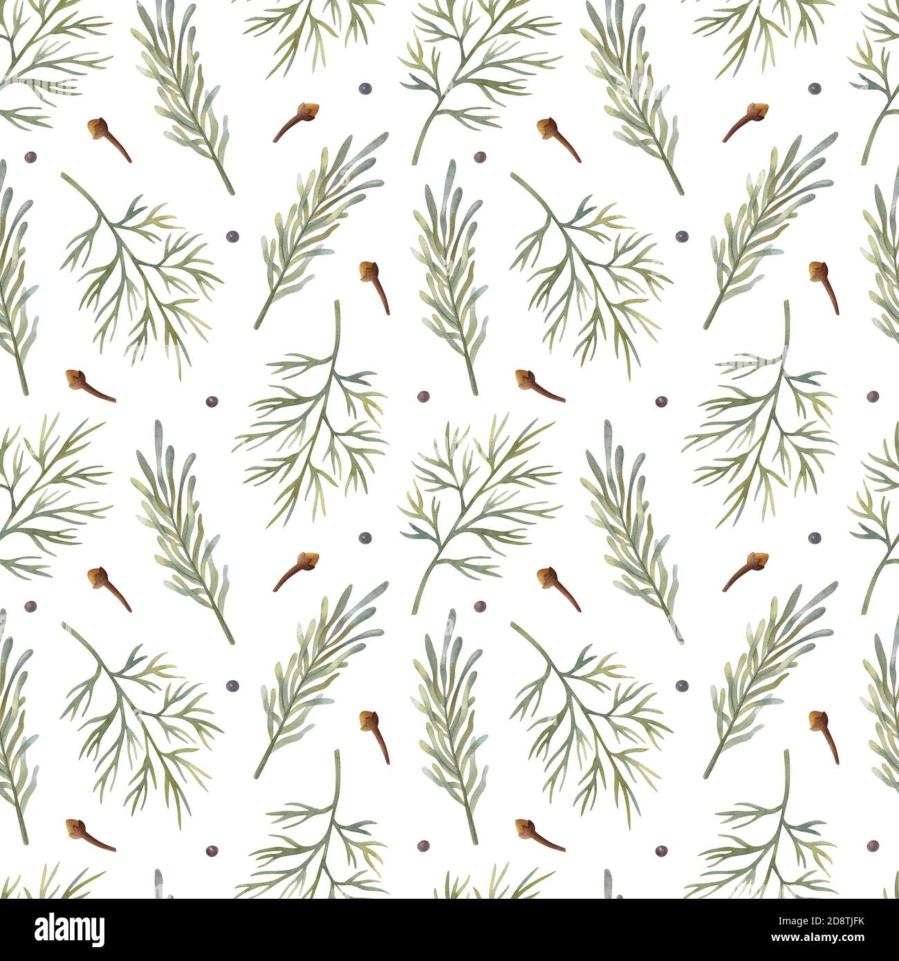 Motivo senza giunture acquerello con aneto, rosmarino e garofano sullo sfondo chiaro. Cartoon luminoso dipinto a mano. Foto Stock