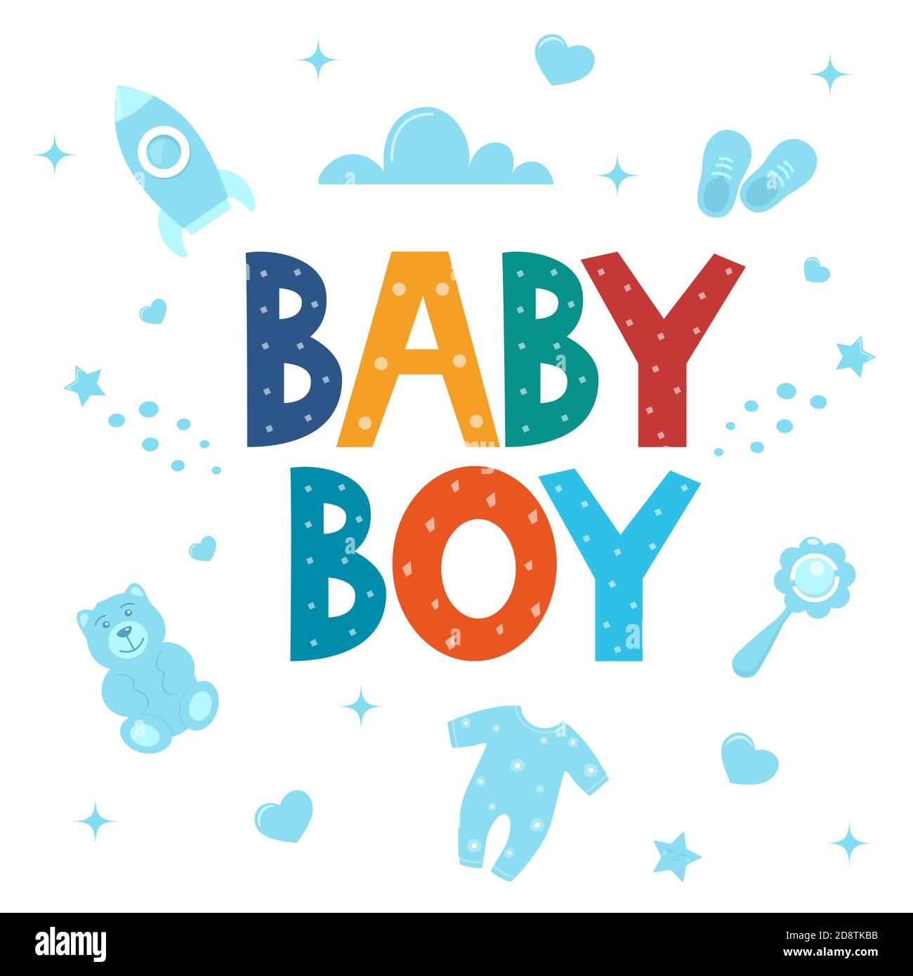 Scheda doccia bambino per bambini. È una carta ragazzo. Invito vettoriale con lettere Baby Boy e cute cose del bambino. Stampa, vestiti, carta, deco camera per bambini Illustrazione Vettoriale