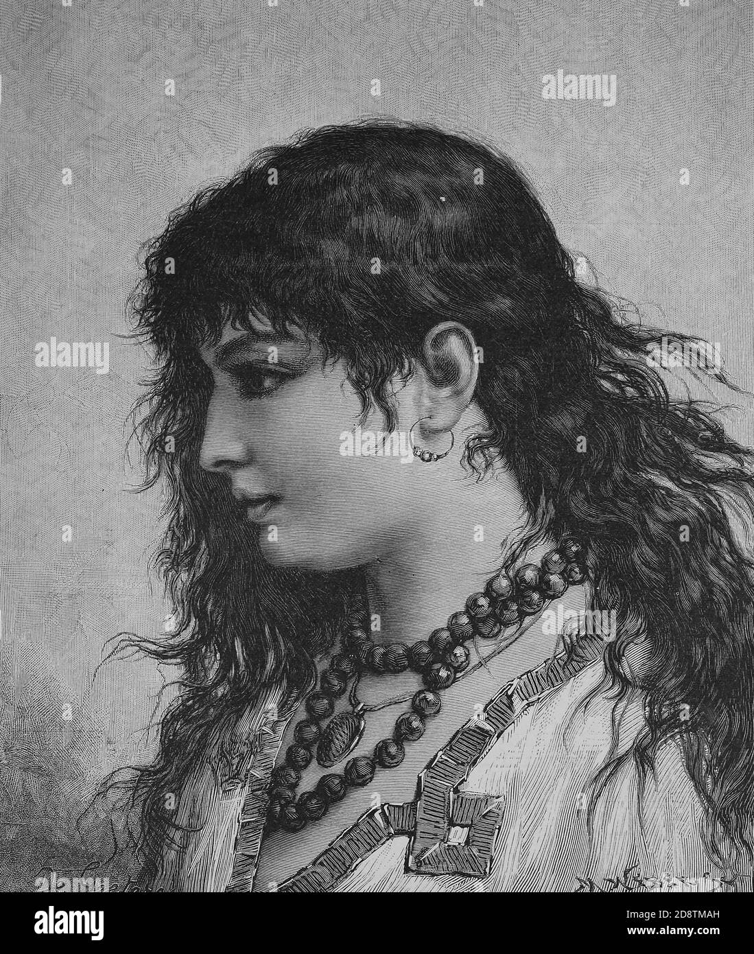 Ritratto di una giovane donna gitana dai capelli scuri, ca 1880 / Porträt einer jungen, dunkelhaarigen Zigeunerin, ca 1880, Historisch, storico, digitale riproduzione migliorata di un originale del 19 ° secolo / digitale Reproduktion einer Originalvorlage aus dem 19. Jahrhundert Foto Stock