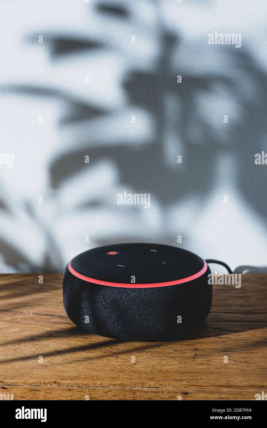 Altoparlante intelligente Amazon Echo Dot con la spia rossa di esclusione  microfono accesa Foto stock - Alamy