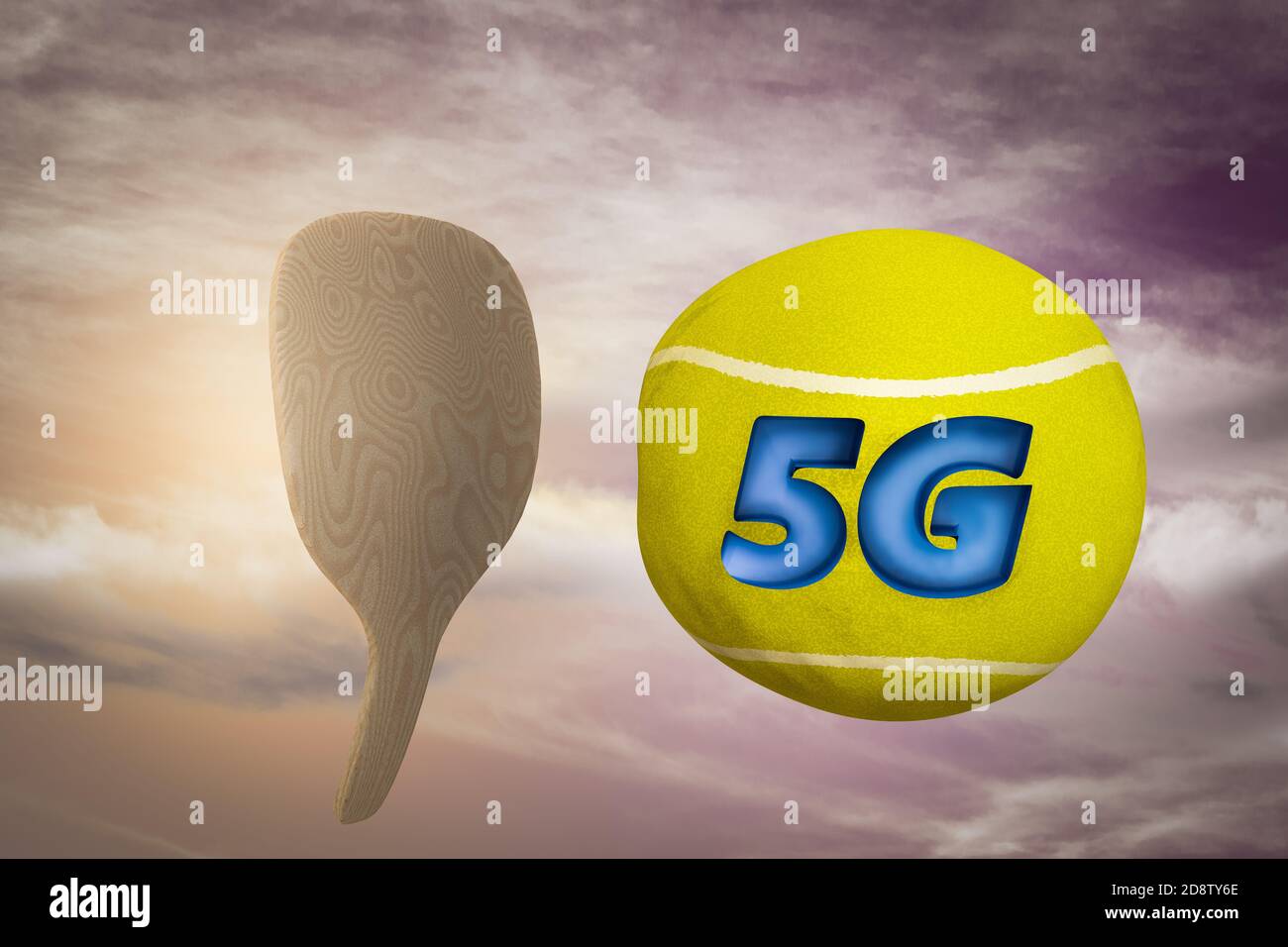 Una racchetta lancia una palla da tennis con la lettera 5G su di esso in giorno magenta tramonto. Che cos'è 5G o velocità o funzionalità avanzate di larghezza di banda. illustrazione 3d Foto Stock