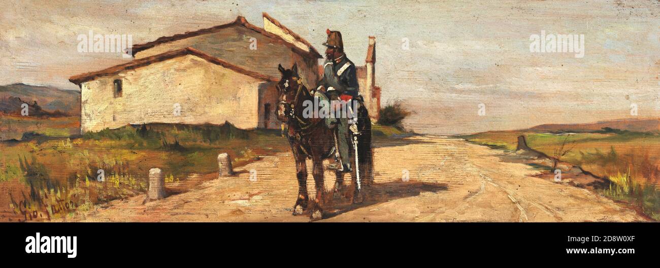 Carabiniere a Cavallo in perlubrazione (Carabiniere on Patrol on Horseback) dell'artista italiano Giovanni fattori (1825-1908), olio su tavola, 1860-70 Foto Stock