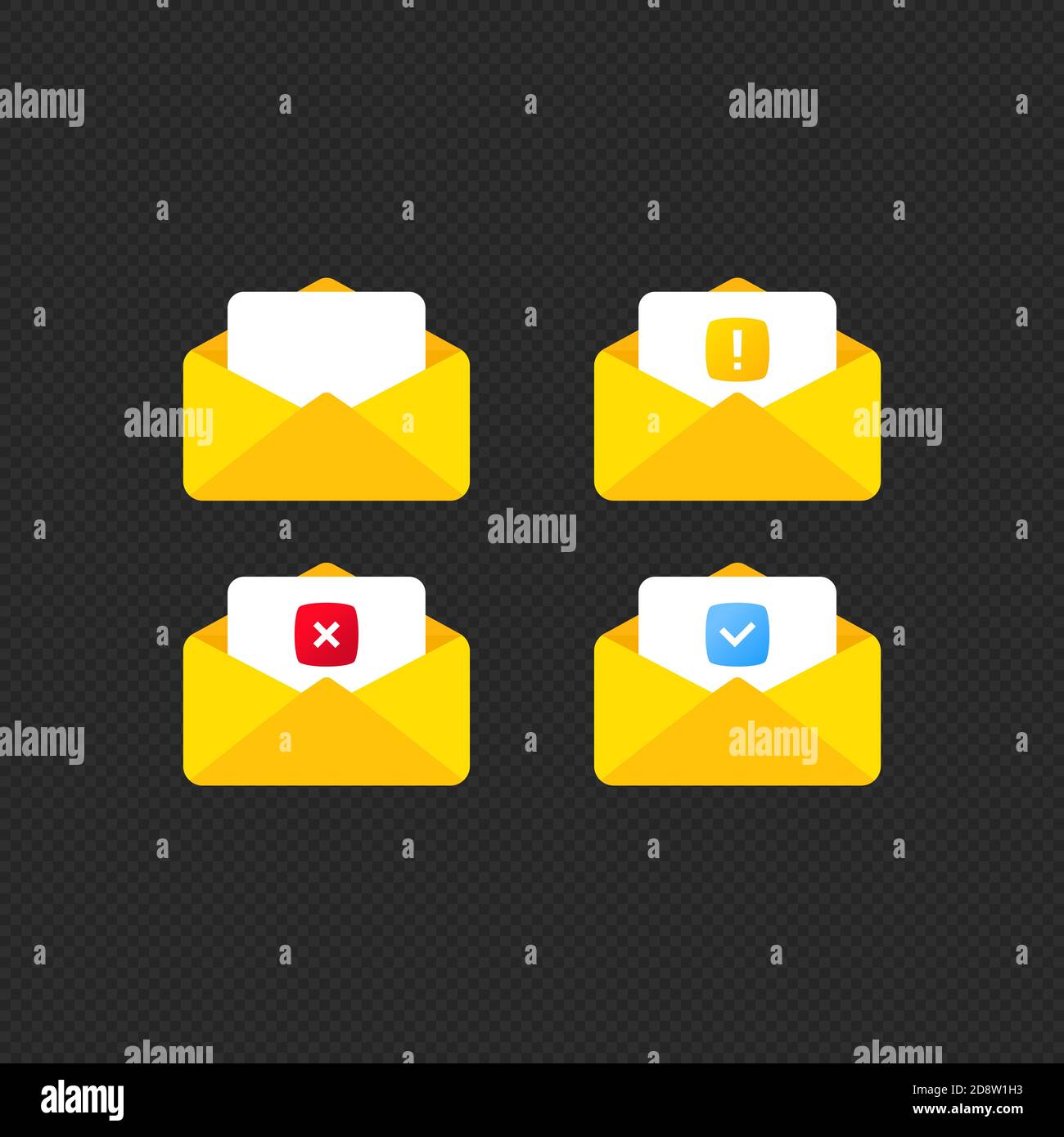 Busta e documento aperti con segno di spunta, croce e punto esclamativo. Vettore su sfondo isolato. EPS 10 Illustrazione Vettoriale