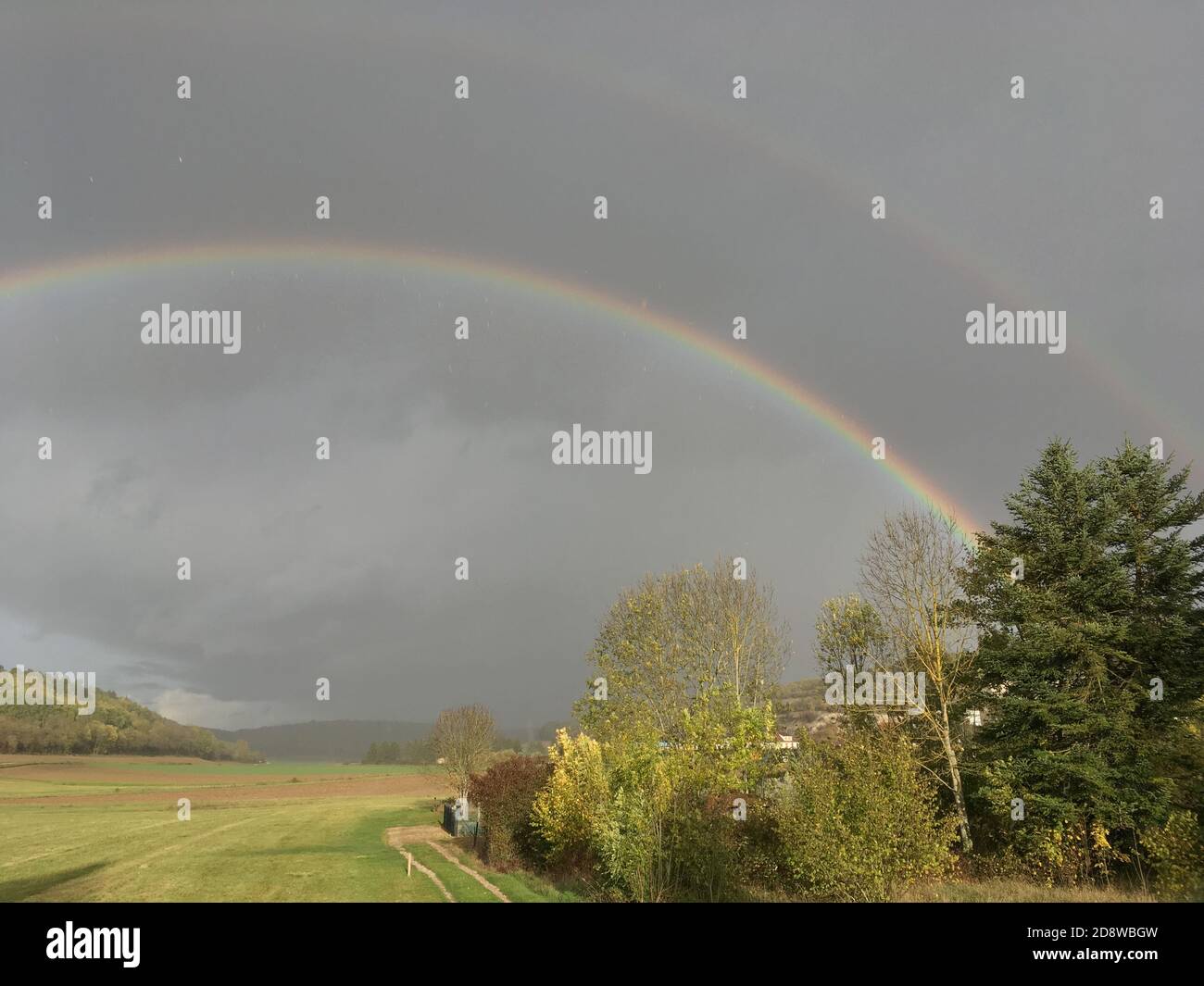 Paesaggio con minaccia di tessitore sul campo di colore oro con pioggia Nuvole grigie e arcobaleno in Borgogna Francia Foto Stock