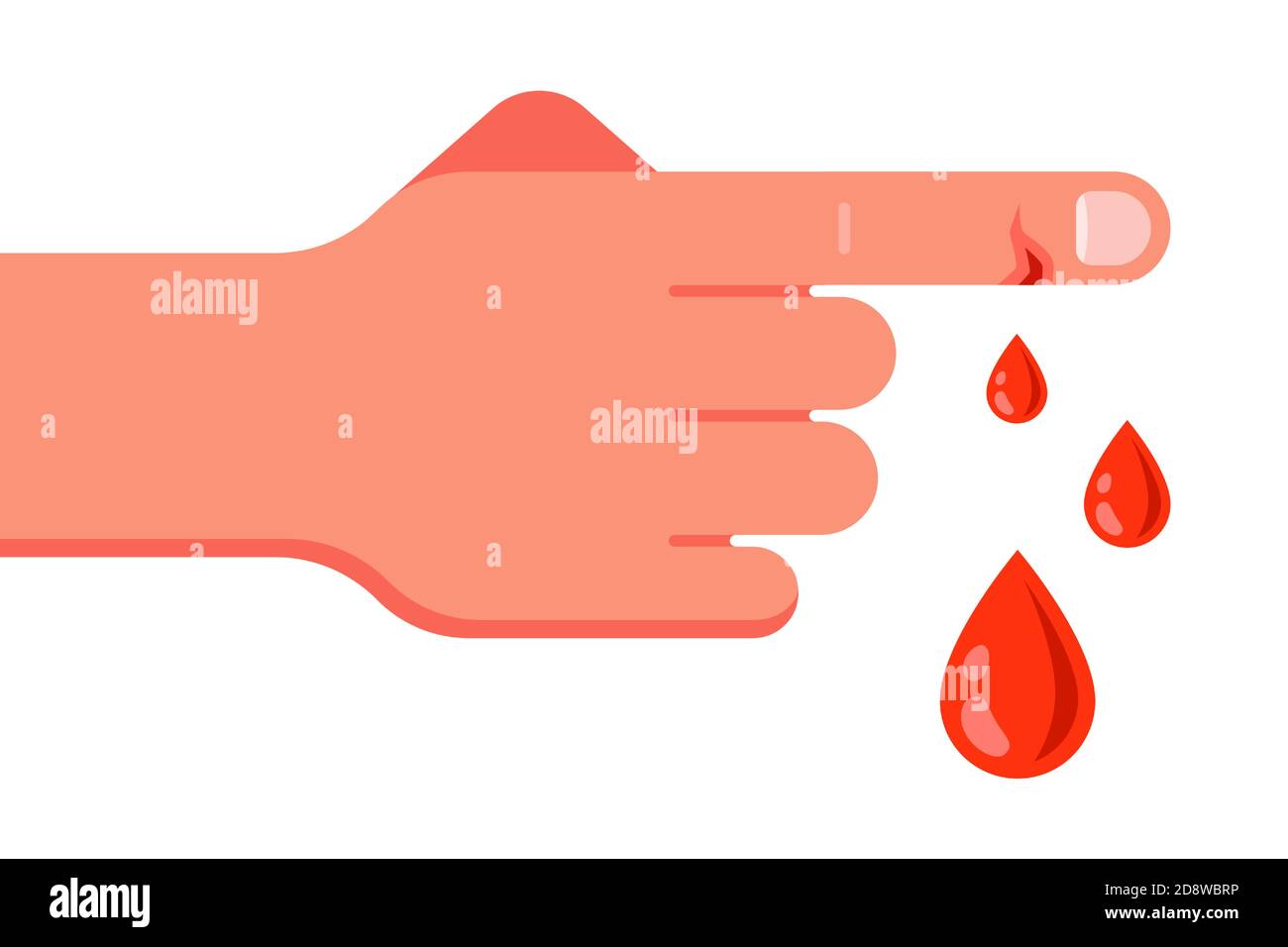 flusso di sangue rosso dal dito tagliato. bisogno di aiuto medico. vettore piatto illustrazione isolato su sfondo bianco. Illustrazione Vettoriale