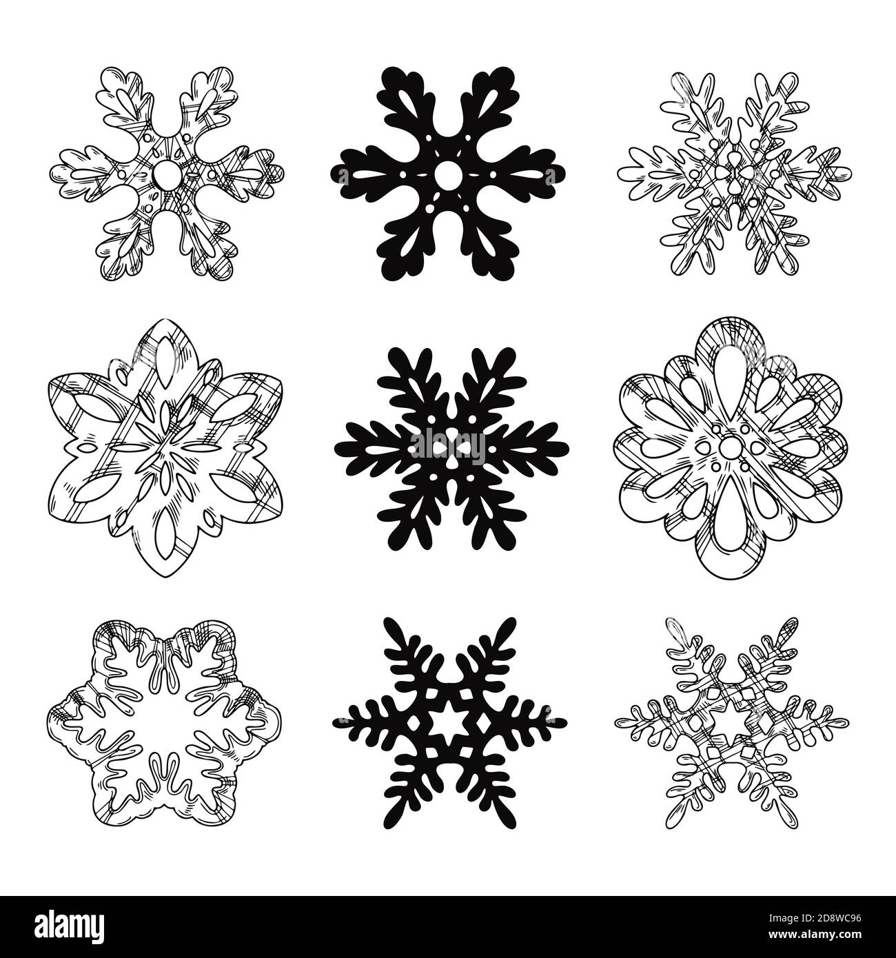 Insieme di diversi fiocchi di neve isolati su uno sfondo bianco. Schizzo, illustrazione disegnata a mano Illustrazione Vettoriale