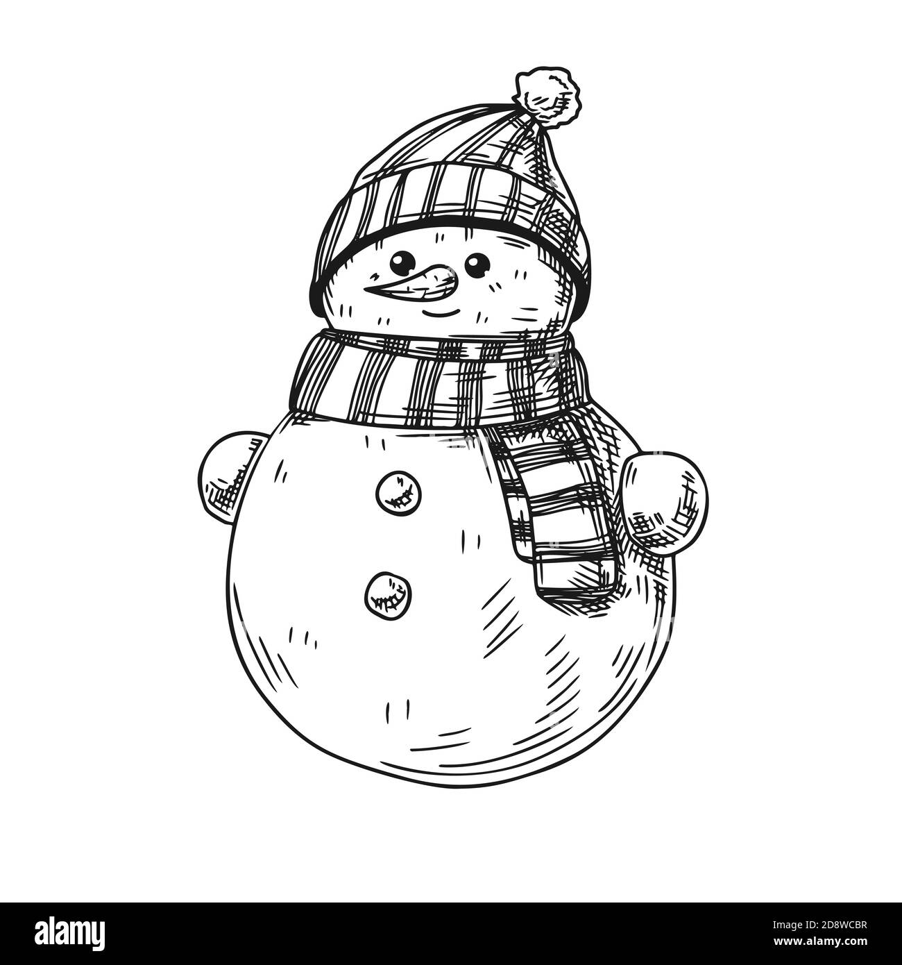 Snowman isolato su sfondo bianco. Schizzo, illustrazione disegnata a mano Illustrazione Vettoriale