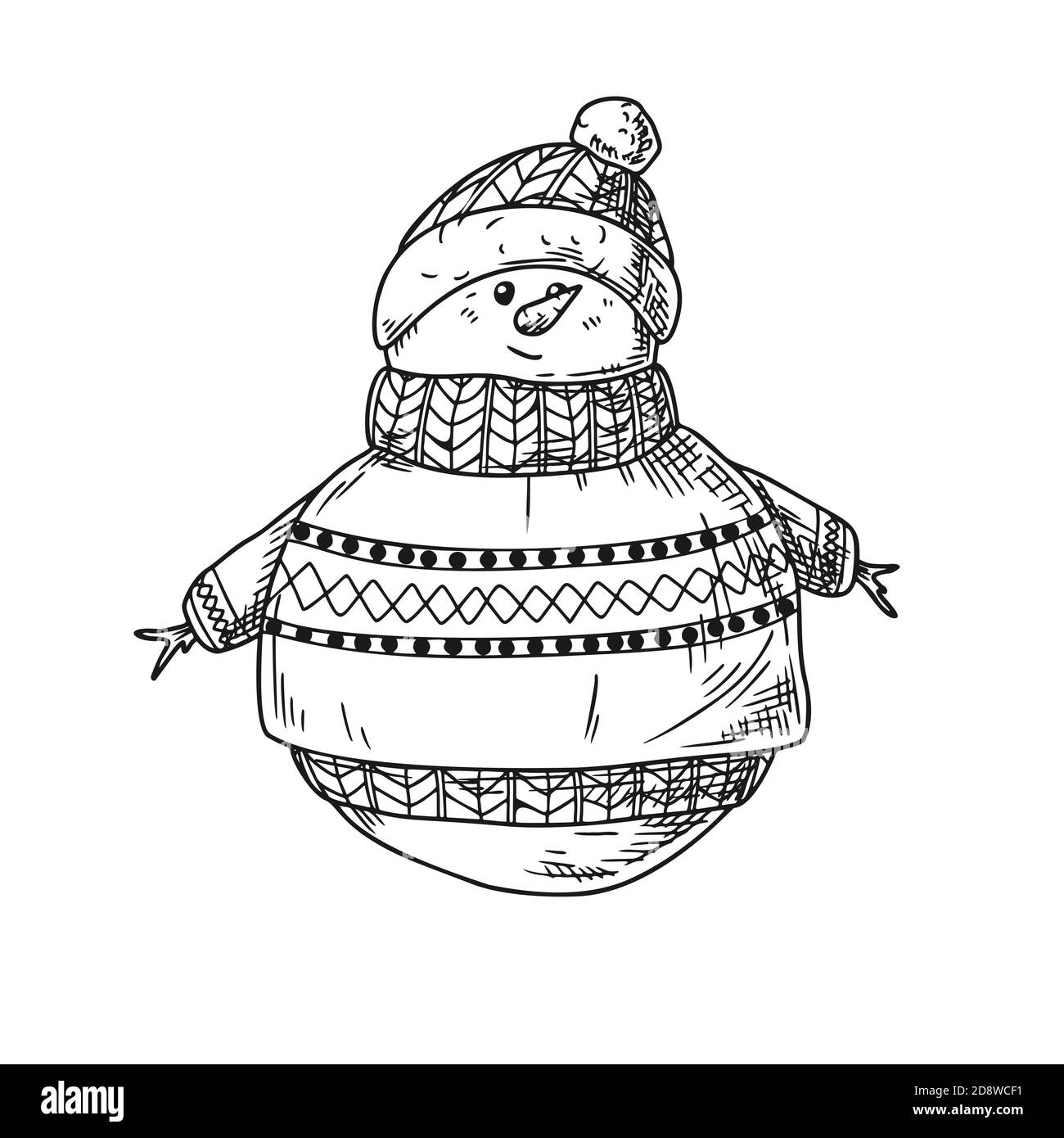 Snowman isolato su sfondo bianco. Schizzo, illustrazione disegnata a mano Illustrazione Vettoriale