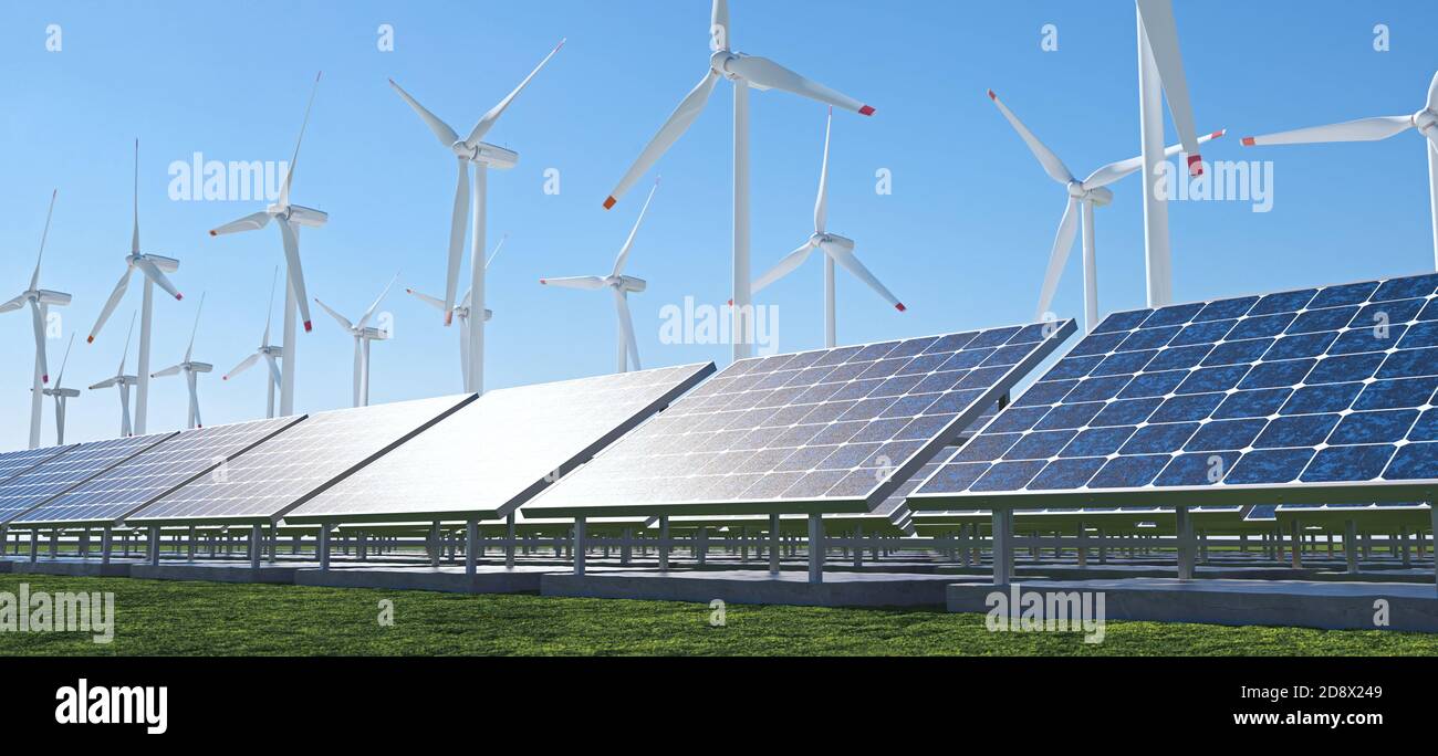Parco di energia rinnovabile con mulini a vento e pannelli solari. Foto Stock