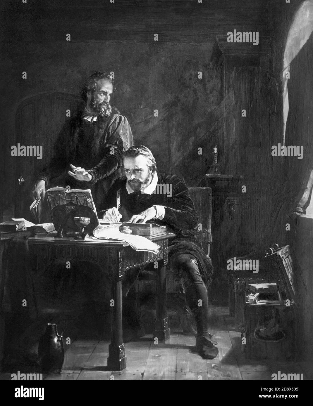 William Tyndale tradurre la Bibbia nel vernacolare inglese all'inizio del 1500 da un dipinto di Alexander Johnston. Foto Stock