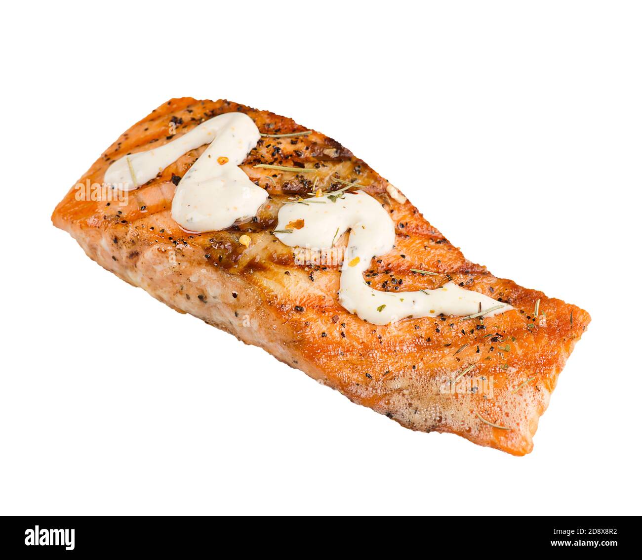 Filetto di salmone con sause isolato su sfondo bianco Foto Stock