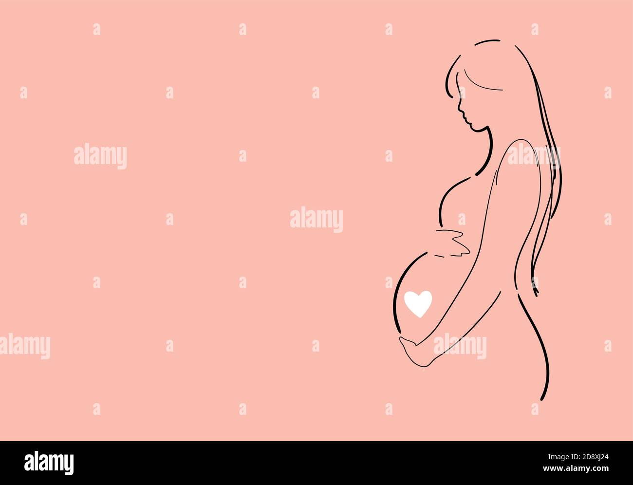 Banner moderno sulla gravidanza e la maternità, disegno di linea. Poster con una bella giovane donna incinta con posto per il testo. Design minimalista, cartoni animati a disegno vettoriale piatto Illustrazione Vettoriale