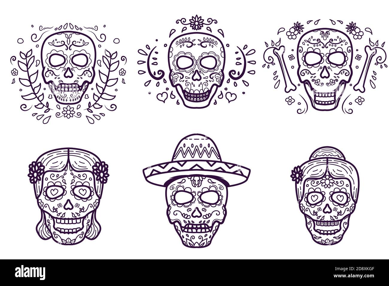 Dia De Los Muertos. Cranio a un colore, vettore premium Illustrazione Vettoriale