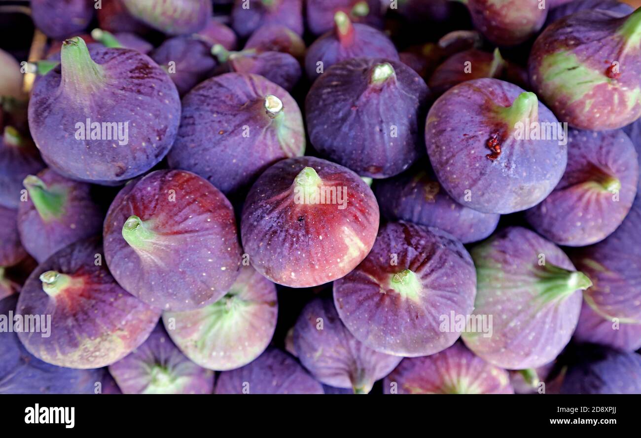 Vista dall'alto del mucchio di porpora fresca e profonda matura fig con fuoco selettivo Foto Stock