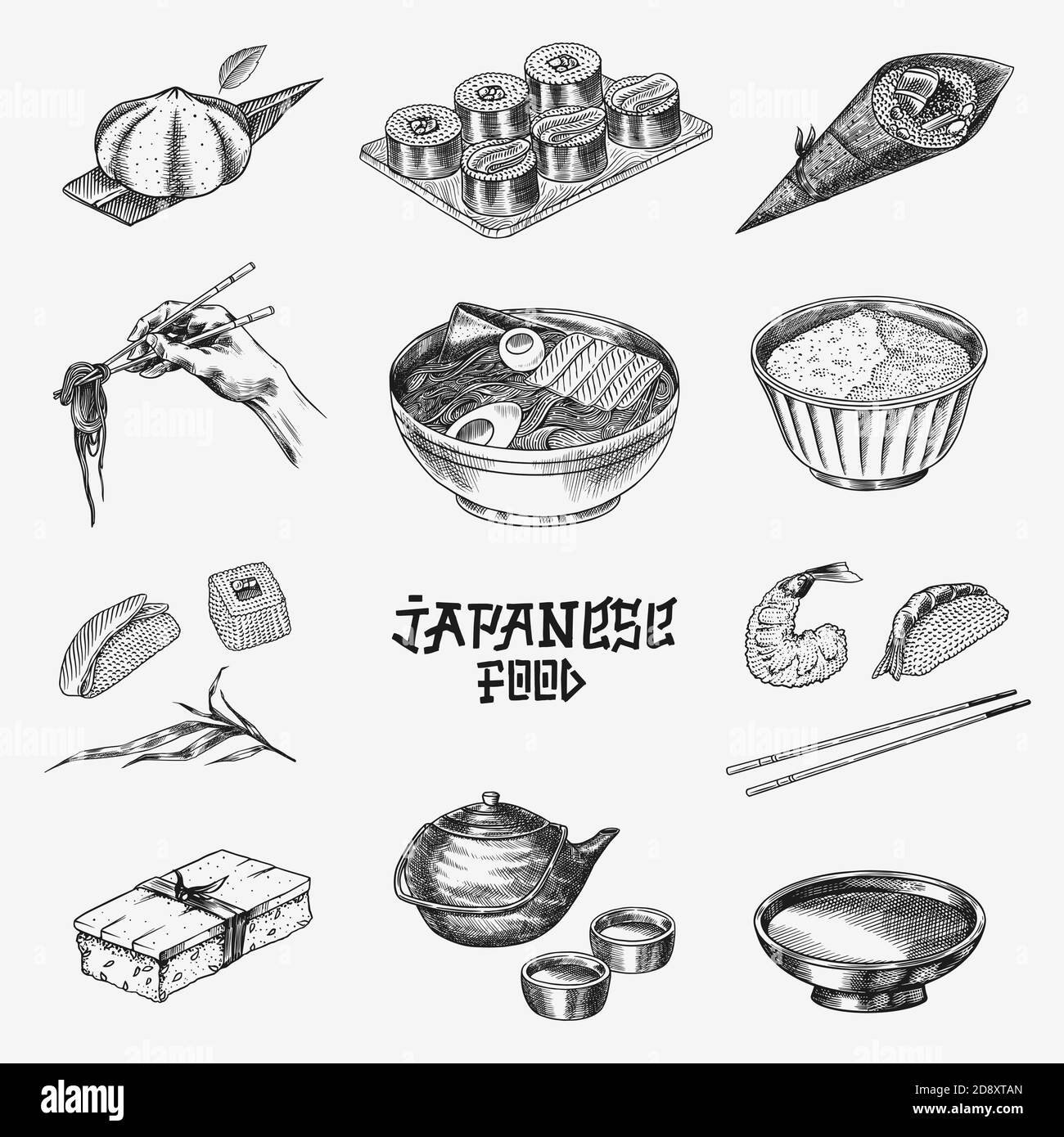Set di piatti giapponesi. Sushi bar, spaghetti ramen, zuppa in una ciotola, rotolo e dessert, tè asiatico. Salsa di soia. Maniglie per bacchette. Schizzo inciso disegnato Illustrazione Vettoriale