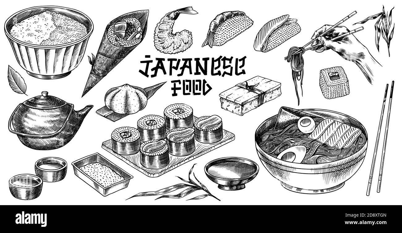 Set di piatti giapponesi. Sushi bar, spaghetti ramen, zuppa in una ciotola, rotolo e dessert, tè asiatico. Salsa di soia. Maniglie per bacchette. Schizzo inciso disegnato Illustrazione Vettoriale