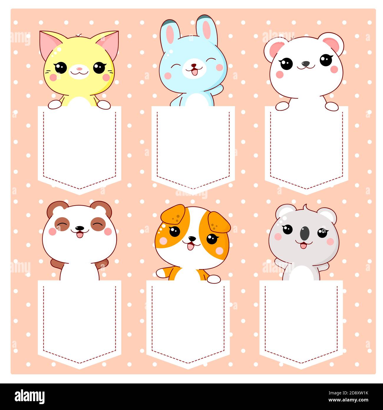 Carino cartoon personaggi Pocket Set. Raccolta di animali kawaii in tasche. Stampa infantile con gatto, coniglio, orso polare, panda, cane e koala fo Illustrazione Vettoriale