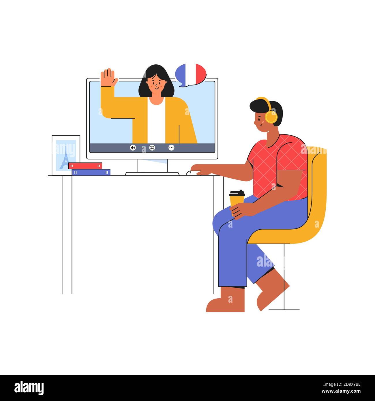 E-learning a casa. Il giovane ascolta l'insegnante di lingua francese. Corso online sul sito Web. Concetto di formazione a distanza. Vettore. Illustrazione Vettoriale