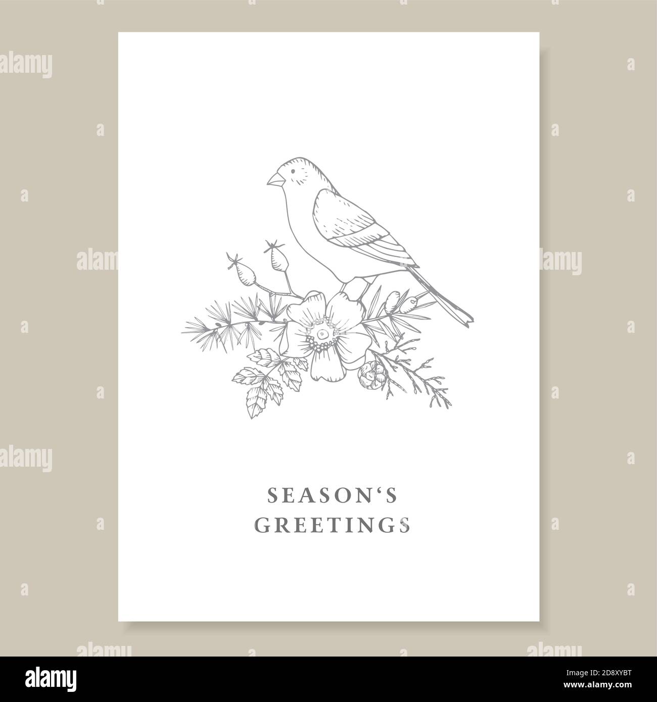 Elegante biglietto d'auguri vintage natalizio, invito. Composizione floreale decorativa. Uccello orafo disegnato a mano seduto su rami di larice e tasso Illustrazione Vettoriale