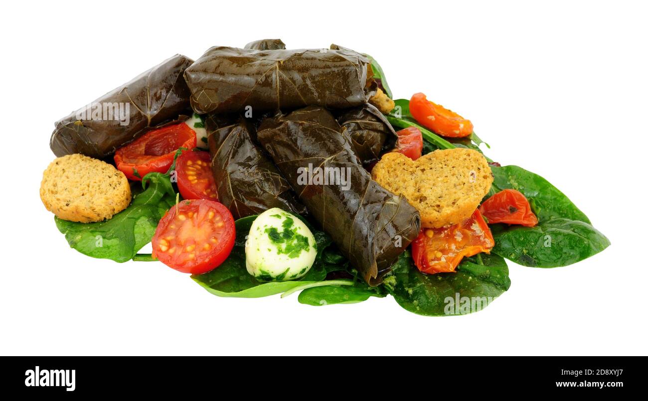 Foglie di vite farcite riempite di riso ed erbe con pomodori e palline di formaggio isolato su sfondo bianco Foto Stock