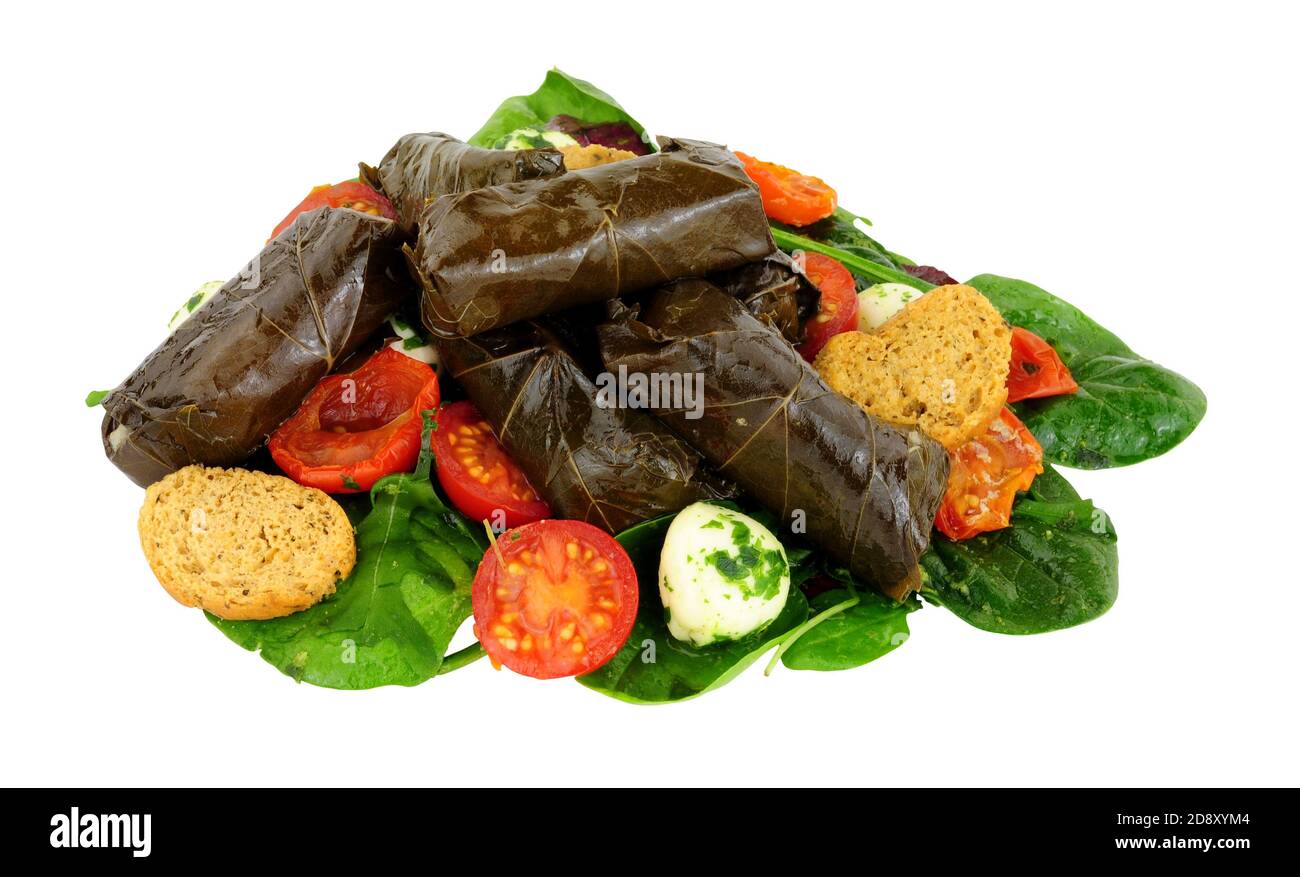 Foglie di vite farcite riempite di riso ed erbe con pomodori e palline di formaggio isolato su sfondo bianco Foto Stock