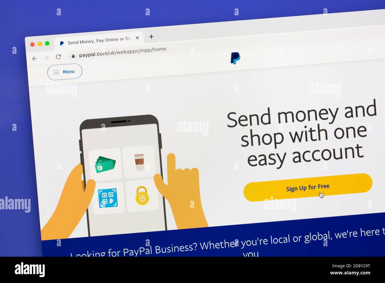 Ostersund, Svezia - 31 ottobre 2020: Pagina iniziale di PayPal sullo schermo del computer. PayPal è un sistema di pagamento online. Foto Stock