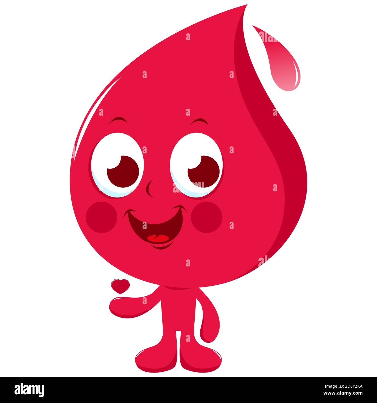 Una goccia di sangue di cartoni animati che regge un cuore rosso. Concetto di donazione di sangue. Carino, felice e sorridente cartoni animati a goccia di sangue. Foto Stock