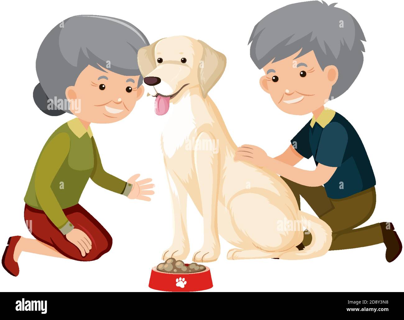 Vecchia coppia che gioca con il cane carino su sfondo bianco illustrazione Illustrazione Vettoriale