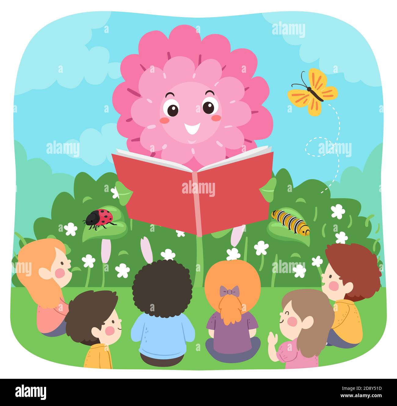 Illustrazione di bambini che ascoltano all'aperto una lettura di mascotte di fiore Un libro nel giardino Foto Stock