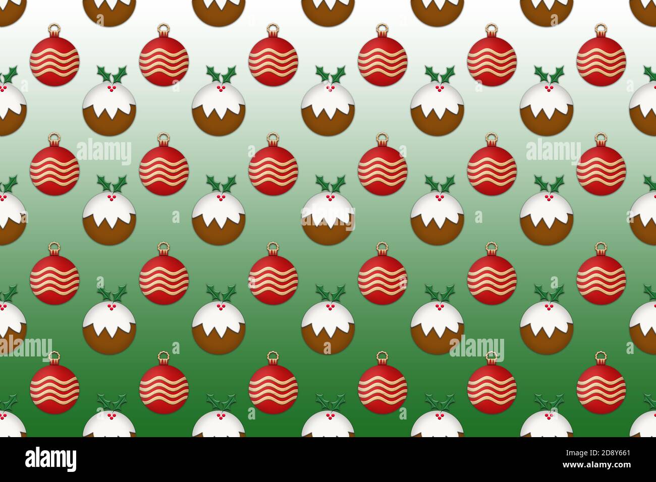 Illustrazione di budini natalizi e baubles rossi su sfondo verde chiaro. Foto Stock