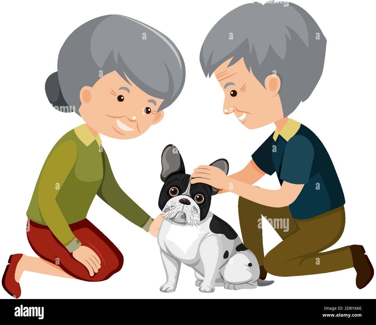 Vecchia coppia che gioca con il cane carino su sfondo bianco illustrazione Illustrazione Vettoriale