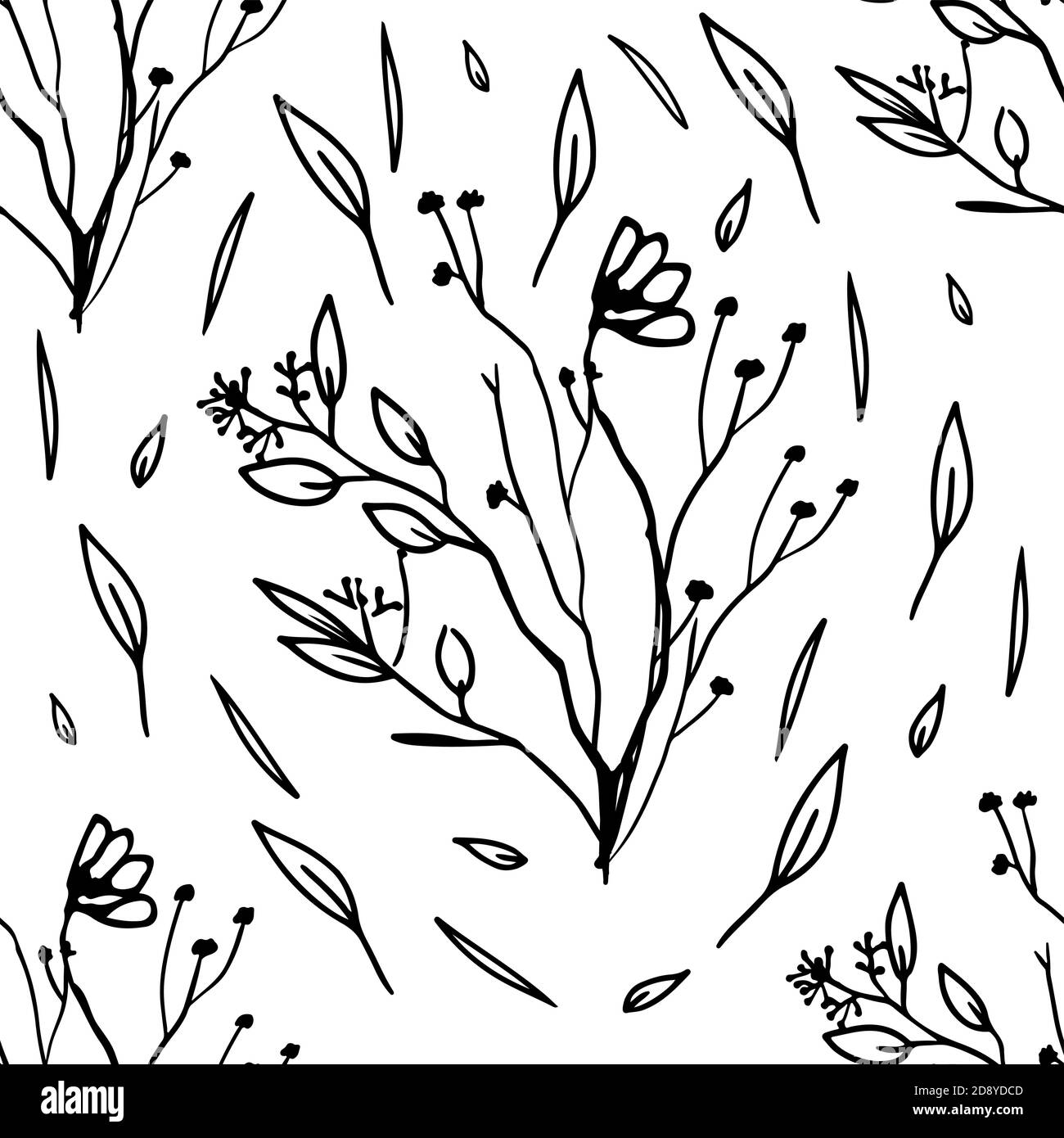 Motivo floreale vettoriale senza giunture. Texture floreale monocromatica disegnata a mano, foglie decorative, libro da colorare Illustrazione Vettoriale