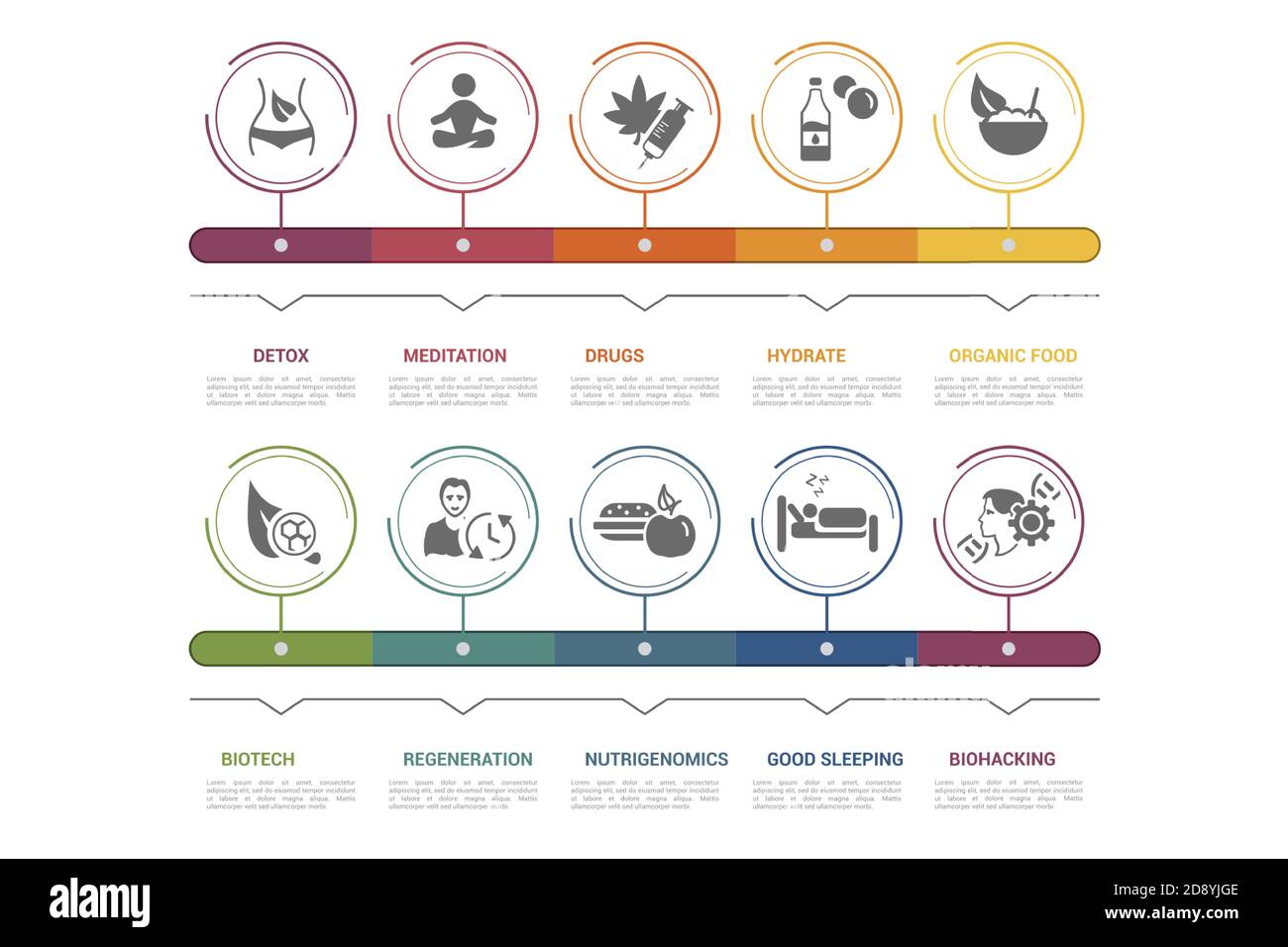 Modello di biohacking infografico. Icone in colori diversi. Includere Detox, meditazione, farmaci, idrato e altri. Illustrazione Vettoriale