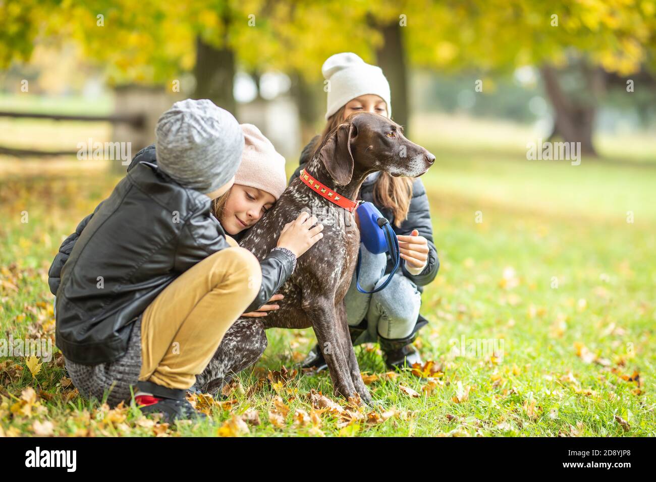 Bambini che accarezzano un cane all'aperto durante una passeggiata in autunno nella natura. Foto Stock