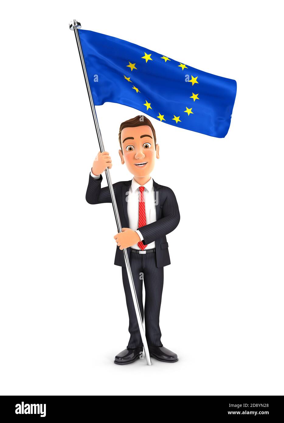 uomo d'affari 3d in piedi con bandiera europea, illustrazione con sfondo bianco isolato Foto Stock