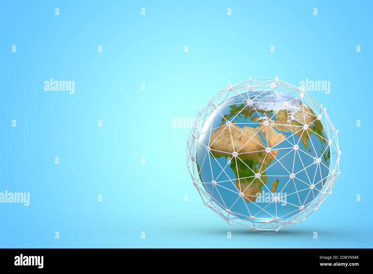 Concetto di rete con globo terrestre, alta velocità, telecomunicazioni mobili a banda larga, illustrazione 5g o GPS 3d Foto Stock