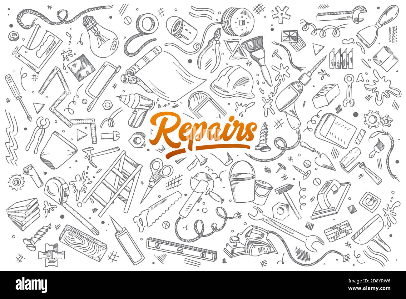 Set di strumenti di riparazione disegnati a mano con doodles con scritte in vettore Foto Stock