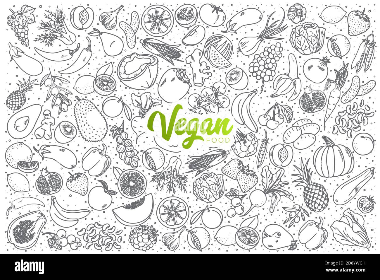Set di doodle da cibo vegano disegnate a mano con scritta verde vettore Foto Stock