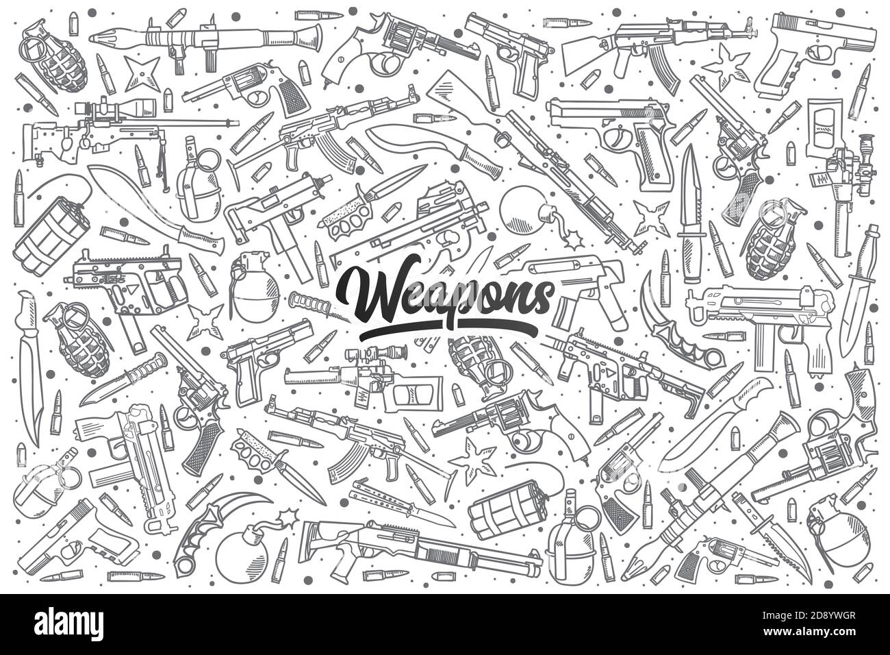 Set di doodle armi disegnate a mano con scritte nere in vettoriale Foto Stock
