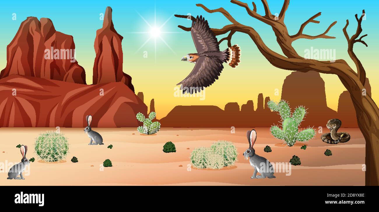 Deserto con montagne rocciose e paesaggi di animali desertici di giorno illustrazione della scena temporale Illustrazione Vettoriale
