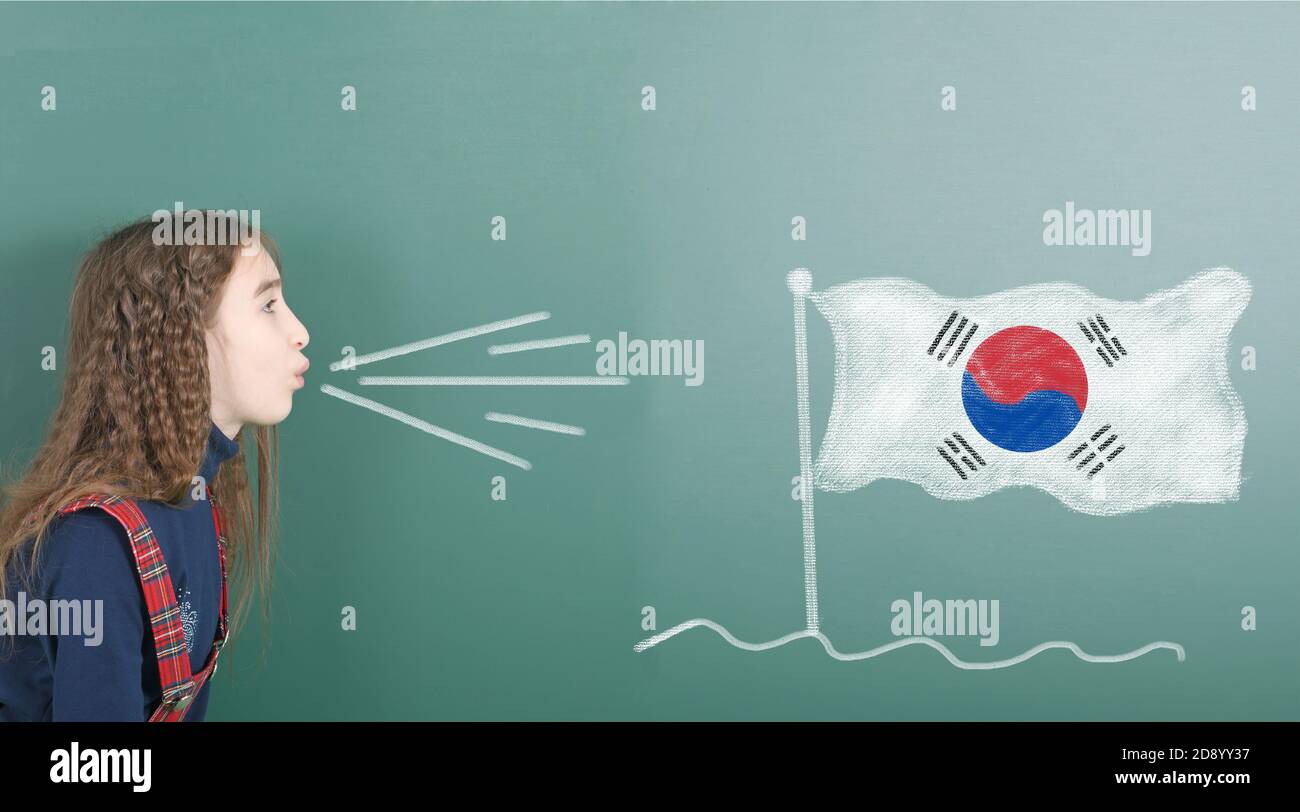 Ragazza pre-adolescente che soffia sul bordo della scuola disegnata sulla bandiera della Corea del Sud lavagna. Foto ad alta risoluzione. Profondità di campo completa. Foto Stock