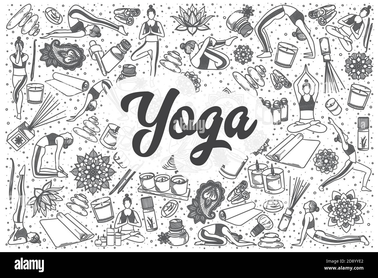 Set di doodle yoga disegnate a mano. Lettere - Yoga Foto Stock