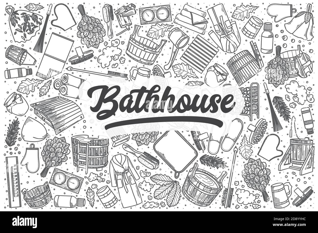 Set di doodle per bagni disegnati a mano. Scritte - Bathhouse Foto Stock